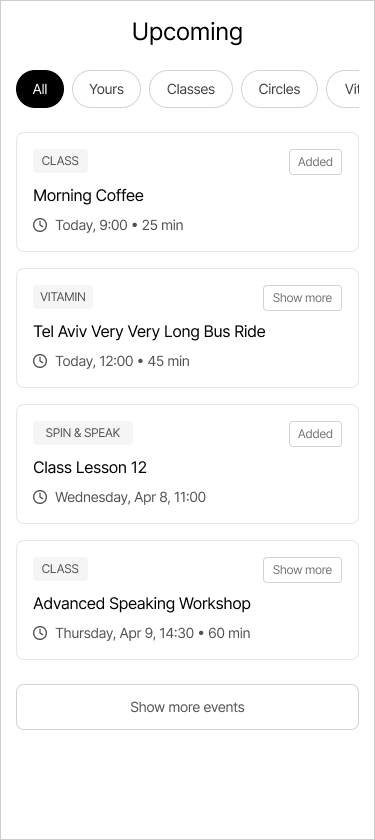 Live phone sketch listing scheduled sessions, including Morning Coffee and Class Lesson 12.