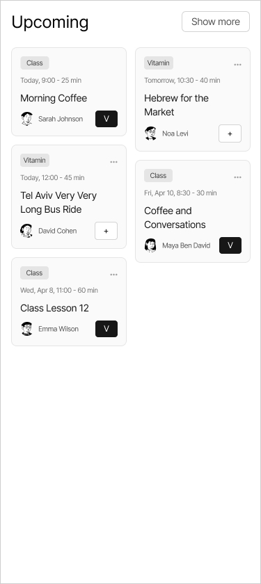 Upcoming phone sketch with session cards in two columns.