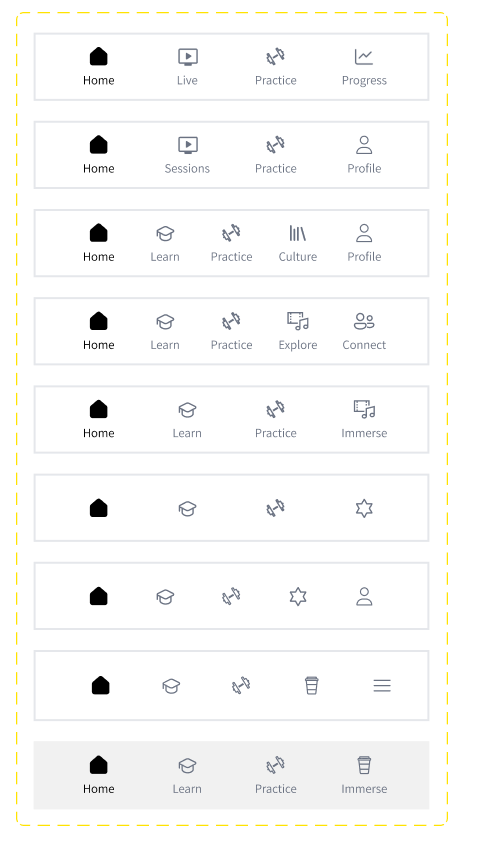 Navigation studies for the student app, comparing tab bars and settling on Home, Learn, Practice, Culture, and More.