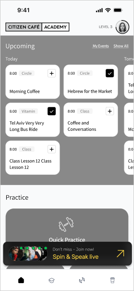 Class Student homepage with today's classes and a Spotlight for Spin and Speak live.