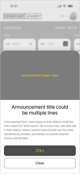 Announcement sheet over the homepage, with a title, body, call to action, and Close.