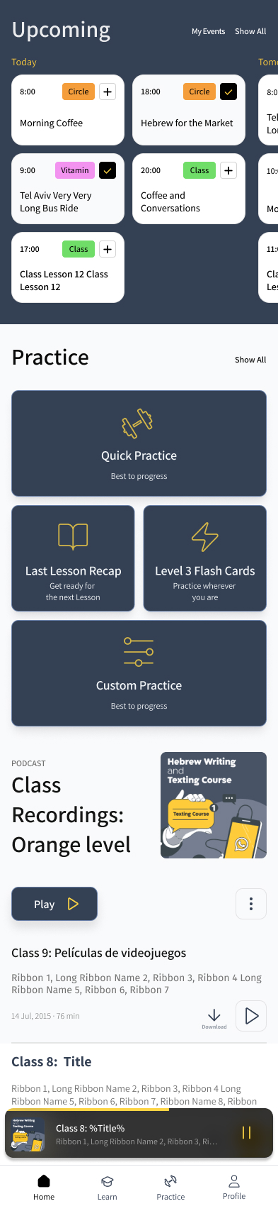 Class-student homepage V2: Upcoming schedule above Practice, with bottom navigation.